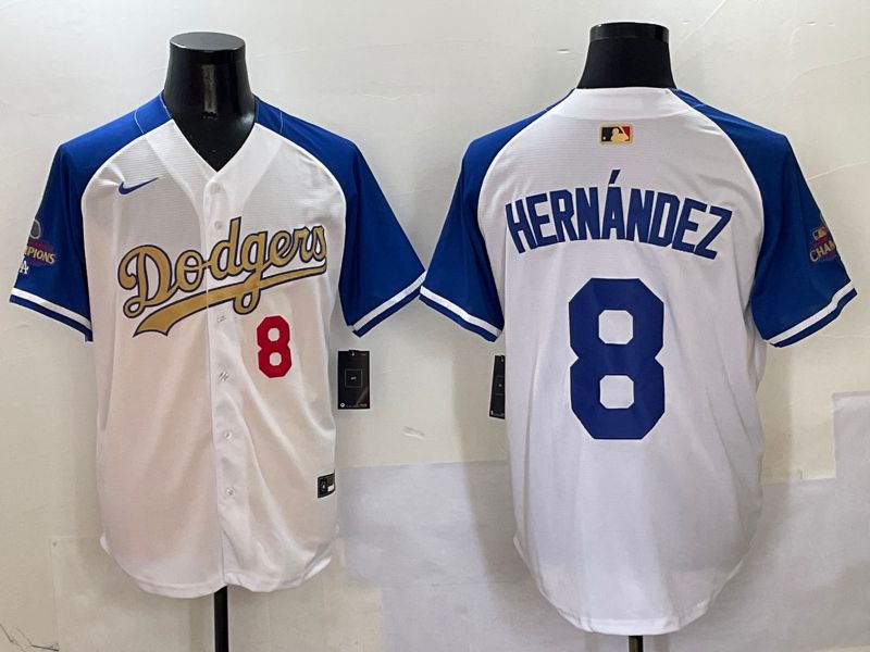 Men Los Angeles Dodgers 8 Hernandez White Blue Champion gold character Nike 2025 MLB Jersey style 5041